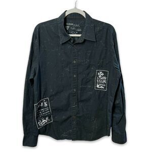 Guess SIZE L Sound Invasion Designer Button Up Shirt Black Patchwork Cotton